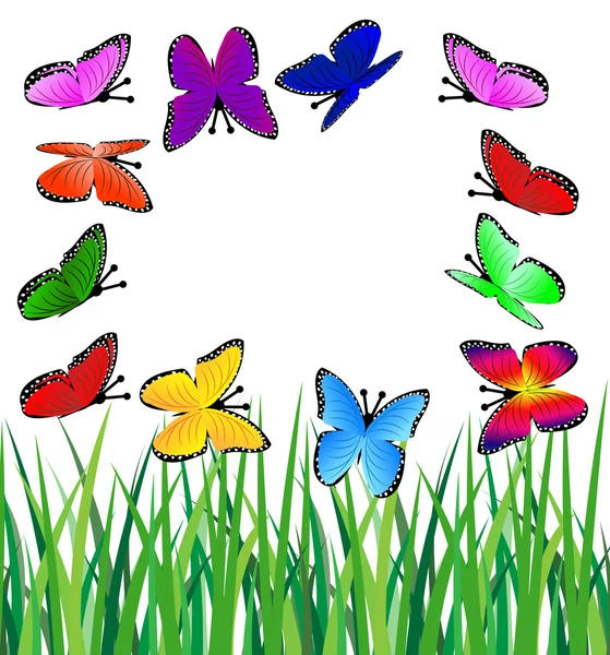 Background  with a green grass and butterflies — Stock Vector