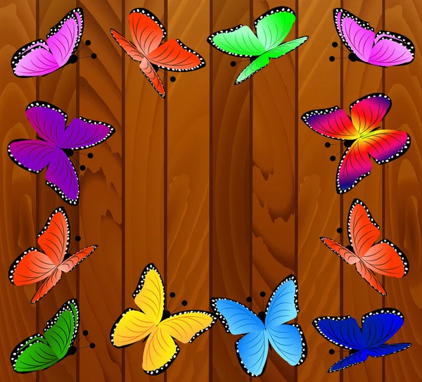 Fond avec texture en bois et papillons — Image vectorielle