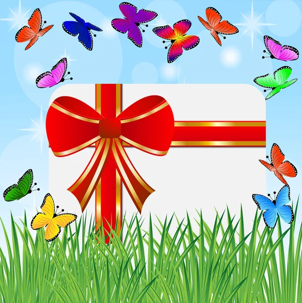 Greeting-card with a red bow and bright butterflies — Stock Vector