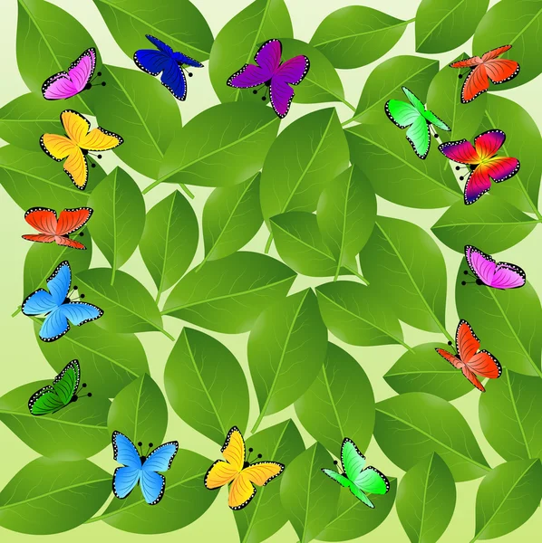 Tausta vihreät lehdet ja perhoset — vektorikuva