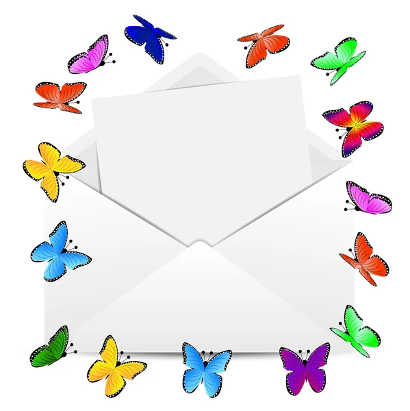 Envelope with the sheet of paper and butterflies — Stock Vector