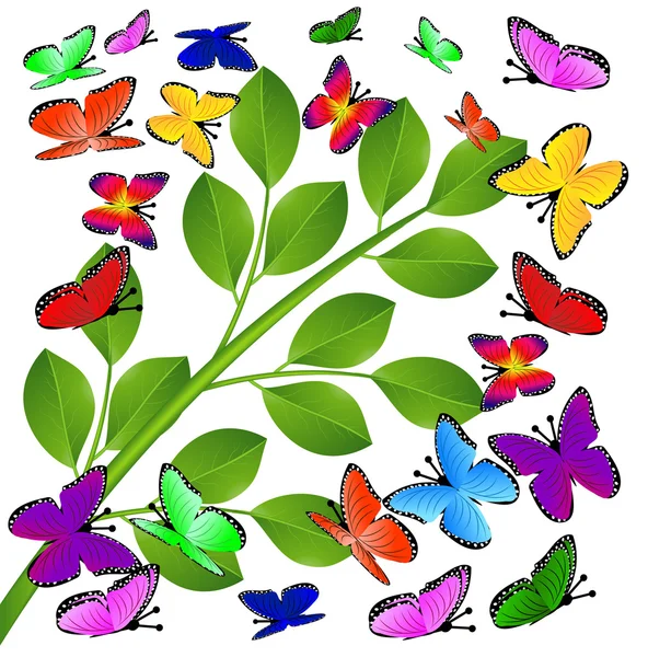Bakgrund med gröna blad och fjärilar — Stock vektor