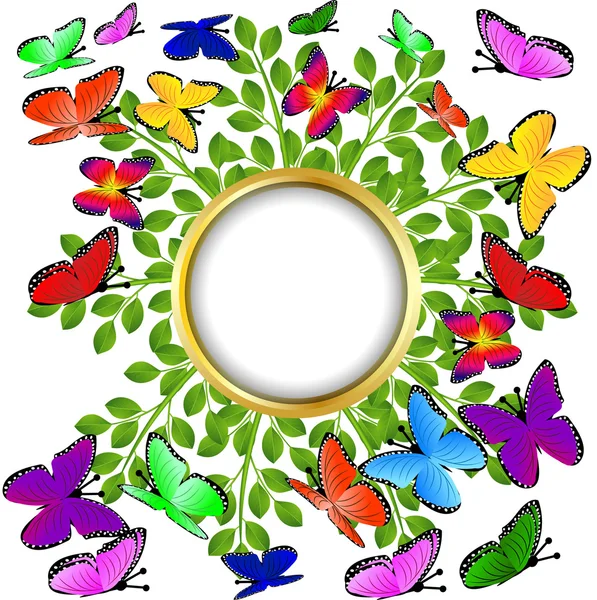 Fond avec des feuilles vertes et des papillons — Image vectorielle