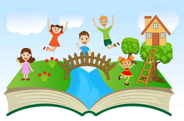 Libro abierto con niños y paisaje de verano — Archivo Imágenes Vectoriales