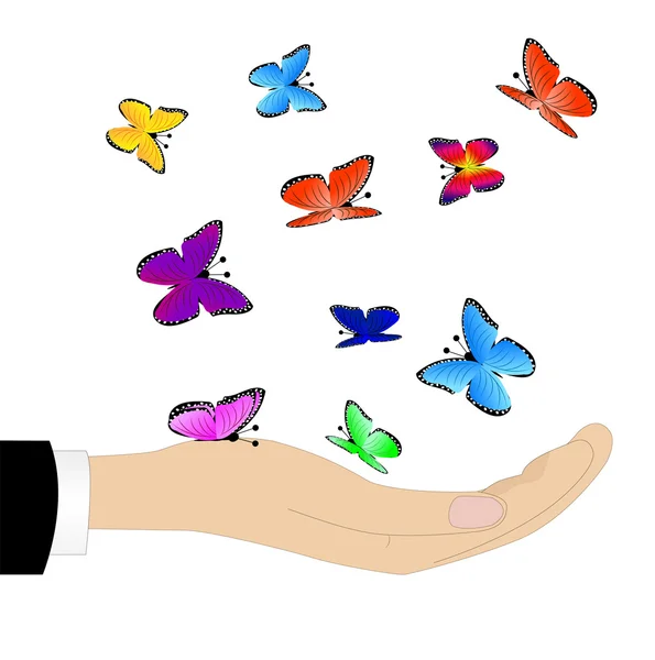 Varicoloured butterflies on a hand — Stock Vector