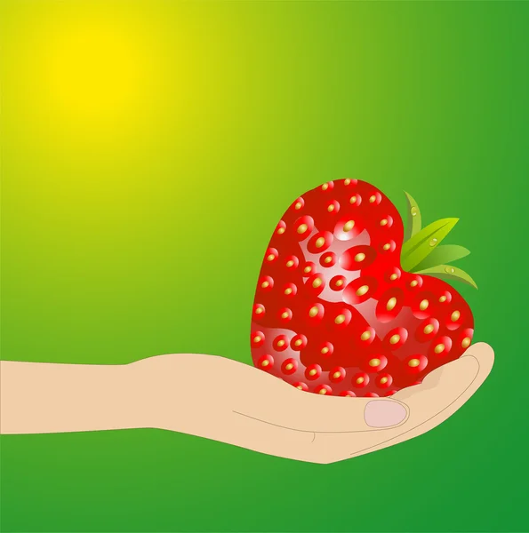Спелые ягоды клубники в руке на зеленом фоне — стоковый вектор