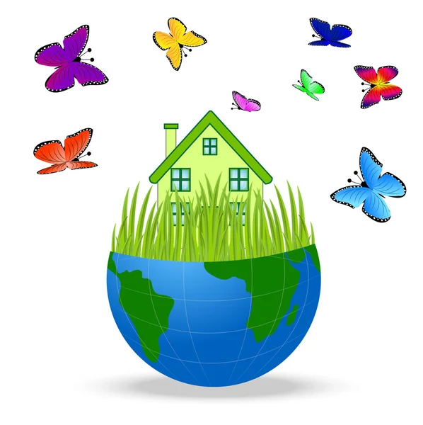 House with butterflies in a planet earth on white background — Stock Vector