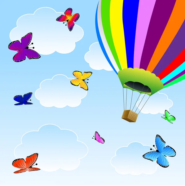 Large balloon and butterflies  in blue sky — Stock Vector