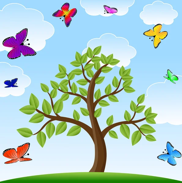 Träd och ljusa varicoloured fjärilar — Stock vektor