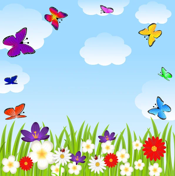 Glade florale et des papillons lumineux — Image vectorielle