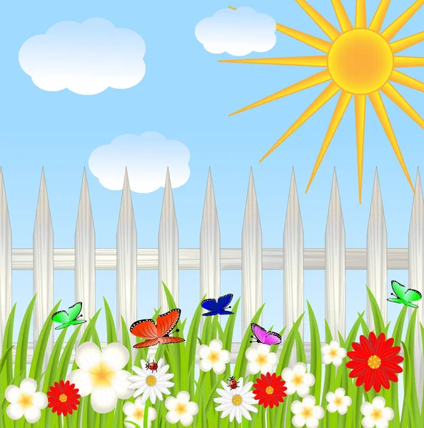花の glade、青い空と太陽 — ストックベクタ