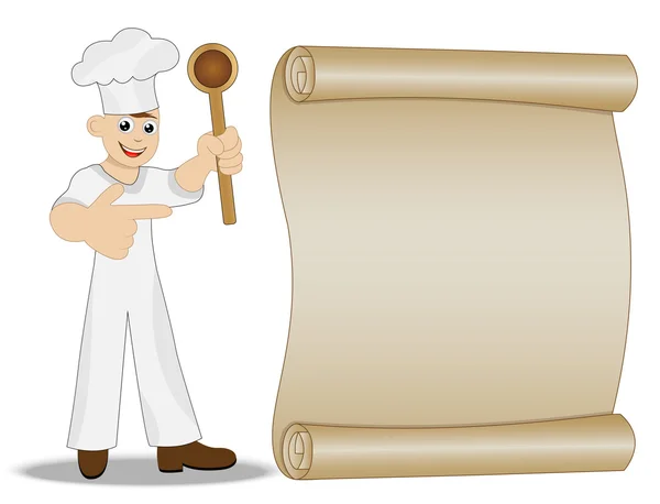 Mens koken met lepel in hand show op blad van oud papier — Stockvector