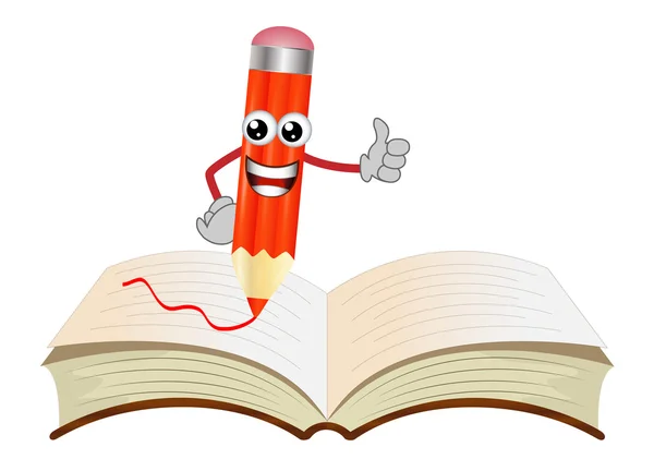 Joyeux crayon sur un livre ouvert — Image vectorielle