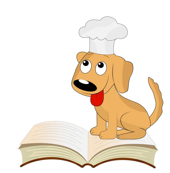 Perro un cocinero se sienta en un libro abierto — Vector de stock