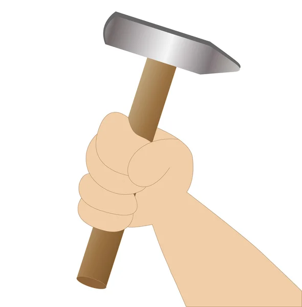 Mano sostiene un martillo sobre un fondo blanco — Vector de stock