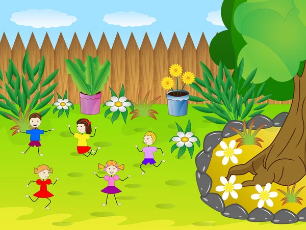 Děti hrají na zeleném trávníku — Stockový vektor