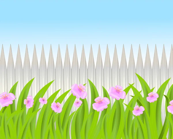 Pink flowers on a background a wooden fence — Stock Vector