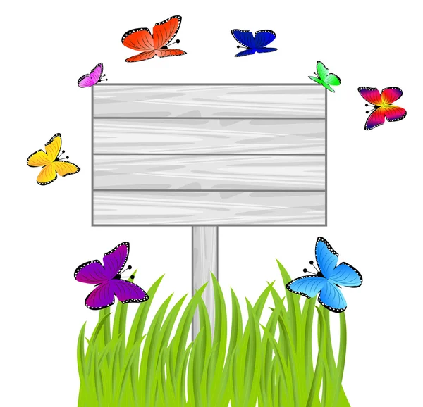 Wooden billboard, green grass and butterflies — Stock Vector