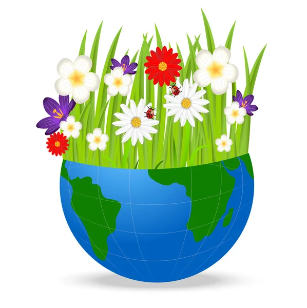 Planet earth and bright beautiful flowers on a white background — Stock Vector