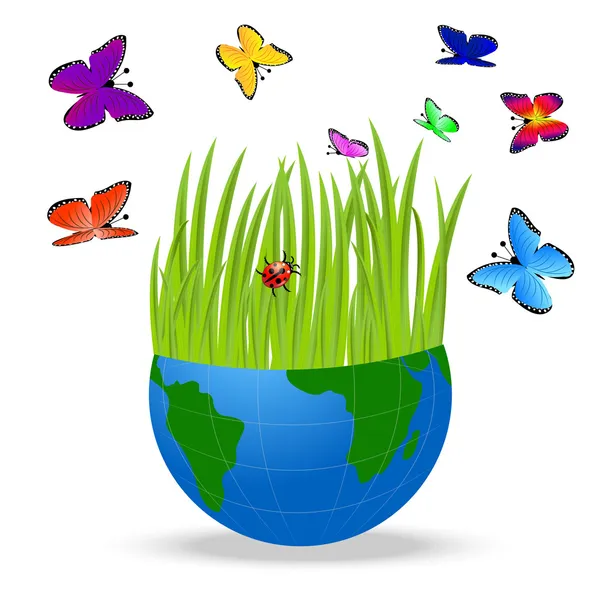 Planet earth and bright butterflies on a white background — Stock Vector