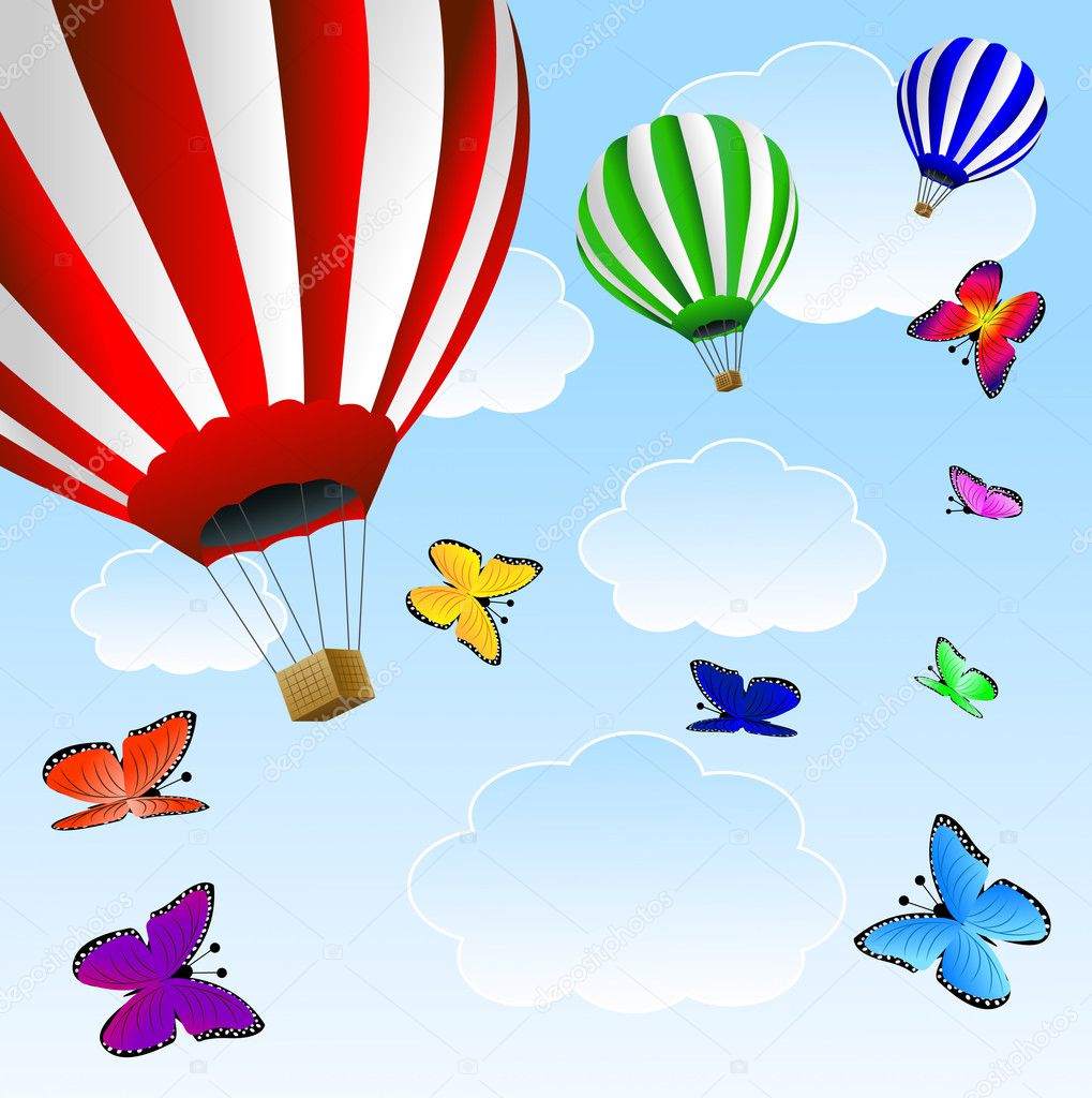  large balloons and butterflie  in blue sky