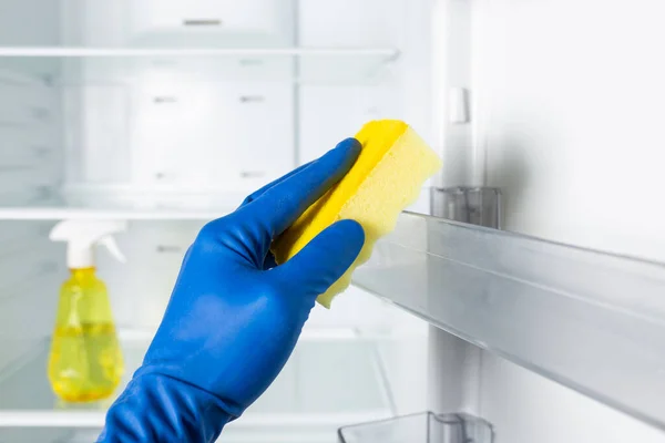 Hände Blauen Handschuhen Reinigen Kühlschrank Innen Mit Sprühwaschmittel Und Tuch — Stockfoto