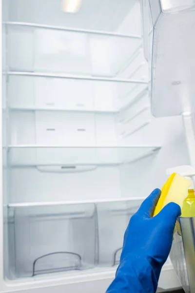 Hände Blauen Handschuhen Reinigen Kühlschrank Mit Sprühwaschmittel Und Rosa Tuch — Stockfoto