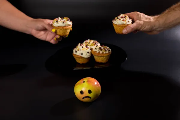 Strong Effect Sugar Human Body Male Female Hands Picking Muffins — Stock Photo, Image