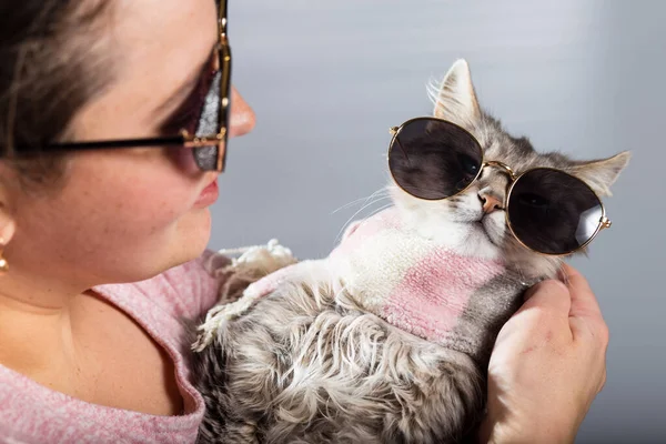 Menina Vestida Seu Gato Fantasia Com Cachecol Óculos Sol Close — Fotografia de Stock