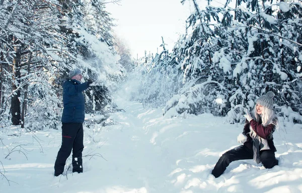 People Play Snowballs Winter Forest — Stock Photo, Image