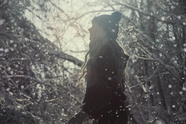 Silhouette Man Forest Snowfall Illuminated Sun Soft Focus — Foto de Stock