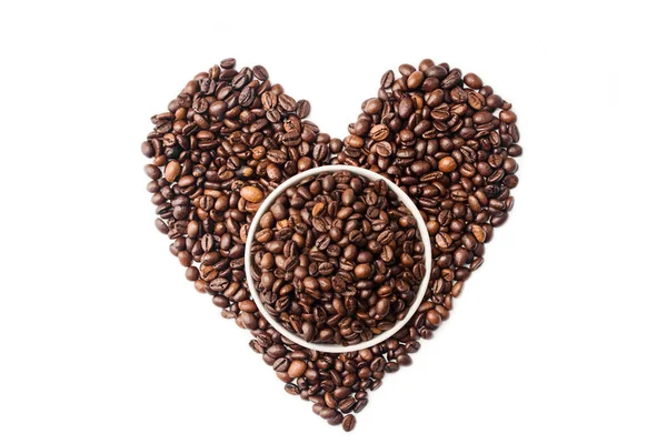 Whole Grain Natural Black Coffee Heart Shape Scattered White Background — стоковое фото