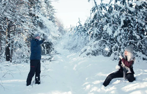 Menschen Spielen Schneebälle Winterwald Stockfoto