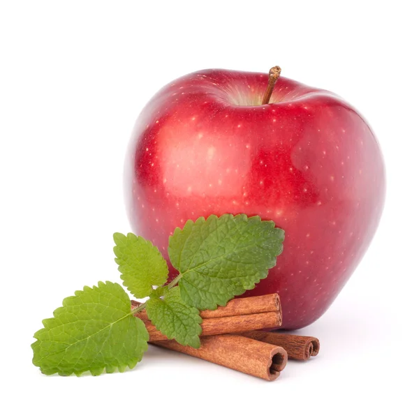 Red apple, cinnamon sticks and mint leaves still life — Stock Photo, Image