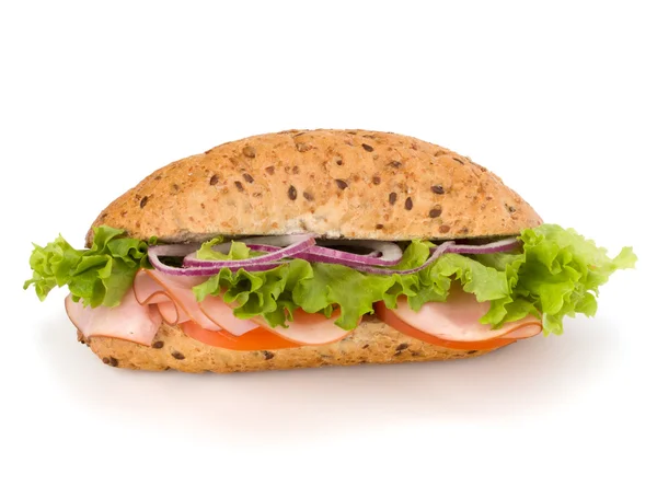 Fast food baguette sandwich with lettuce, tomato, ham and chees — Stock Photo, Image