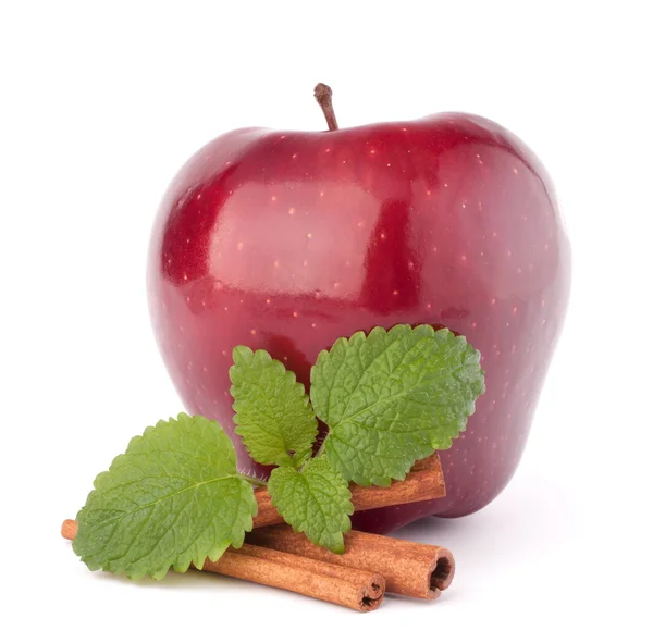 Manzana roja, palitos de canela y hojas de menta bodegón — Foto de Stock