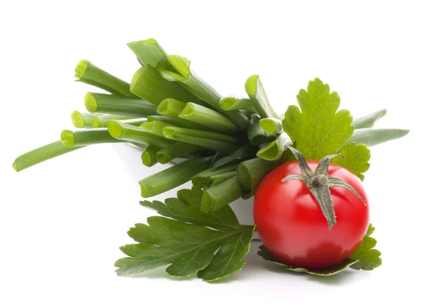 Spring onions and cherry tomato in bowl — Stock Photo, Image