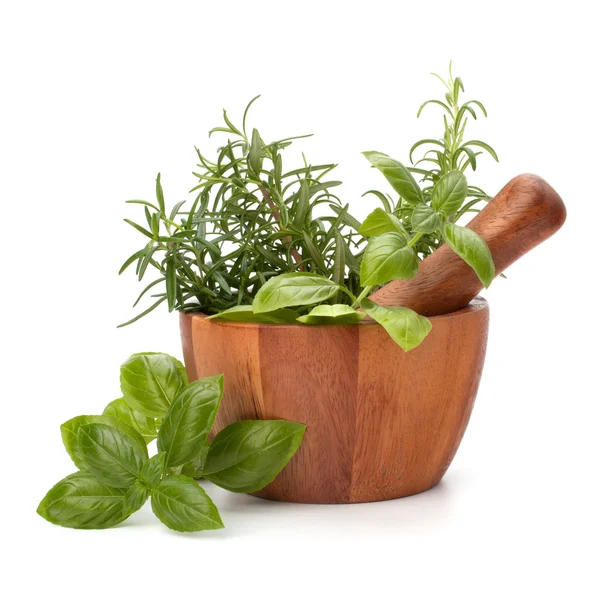 Fresh flavoring herbs and spices in wooden mortar — Stock Photo, Image