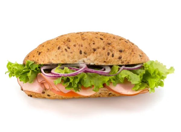 Fast food baguette sandwich with lettuce, tomato, ham and chees — Stock Photo, Image