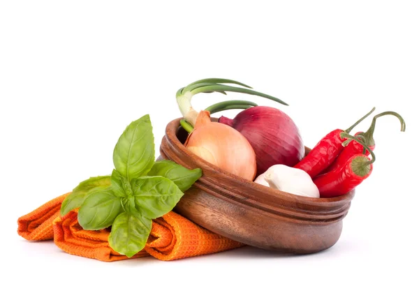 Hot red chili or chilli pepper in wooden bowl — Stock Photo, Image