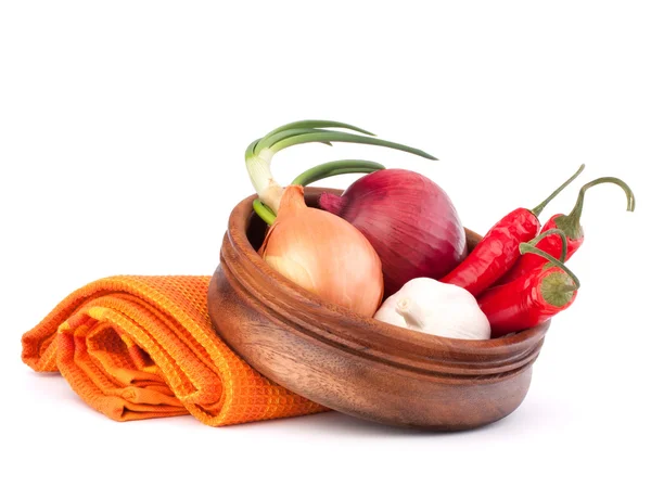 Hot red chili or chilli pepper in wooden bowl — Stock Photo, Image