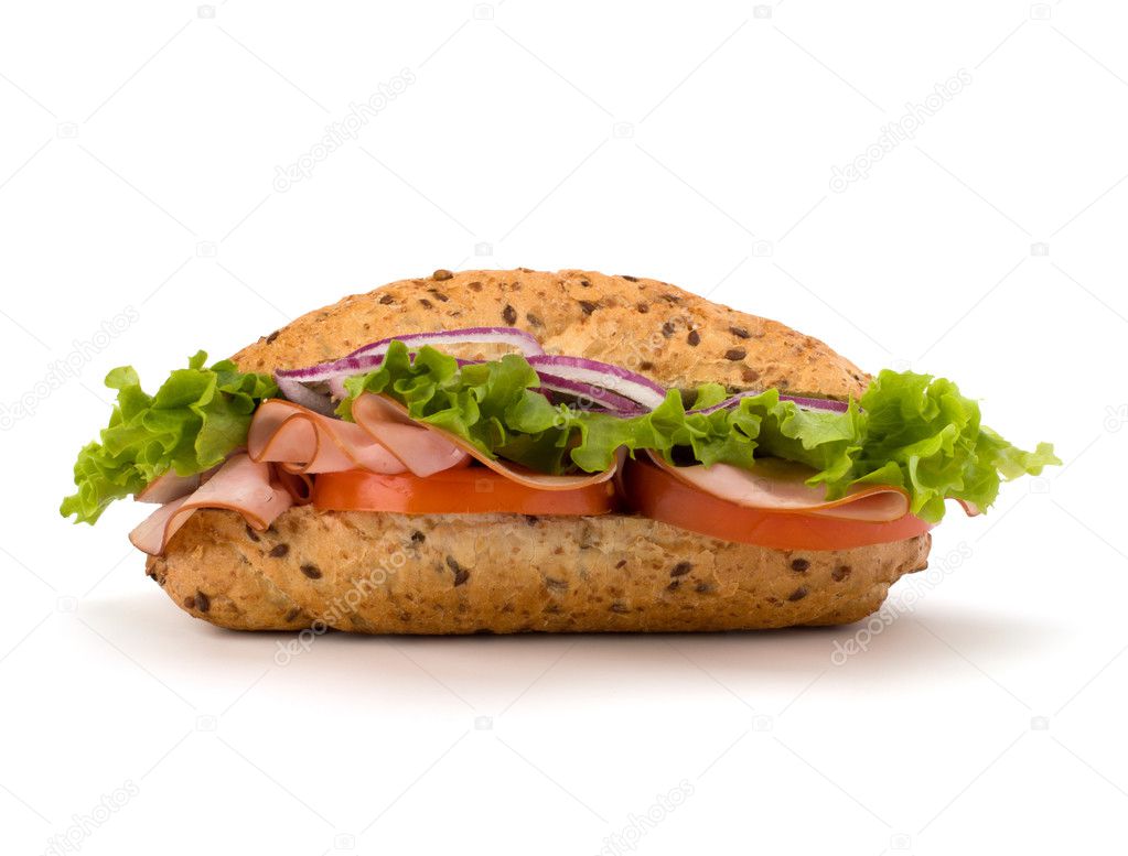 fast food baguette sandwich with lettuce, tomato, ham and chees