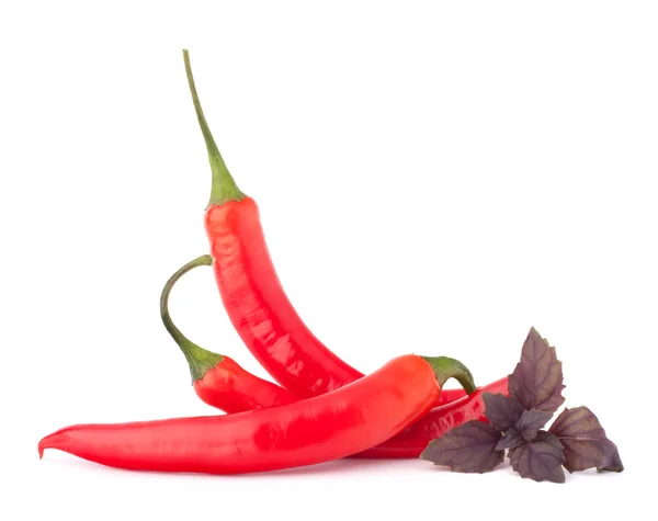 Pimenta vermelha quente ou pimenta e manjericão folhas ainda vida — Fotografia de Stock