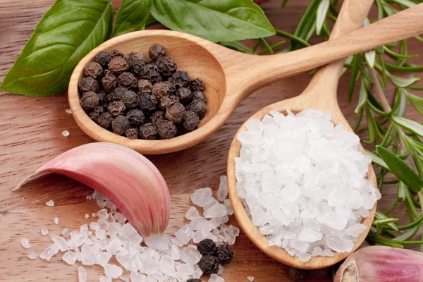 Fresh herbs and salt spoon — Stock Photo, Image