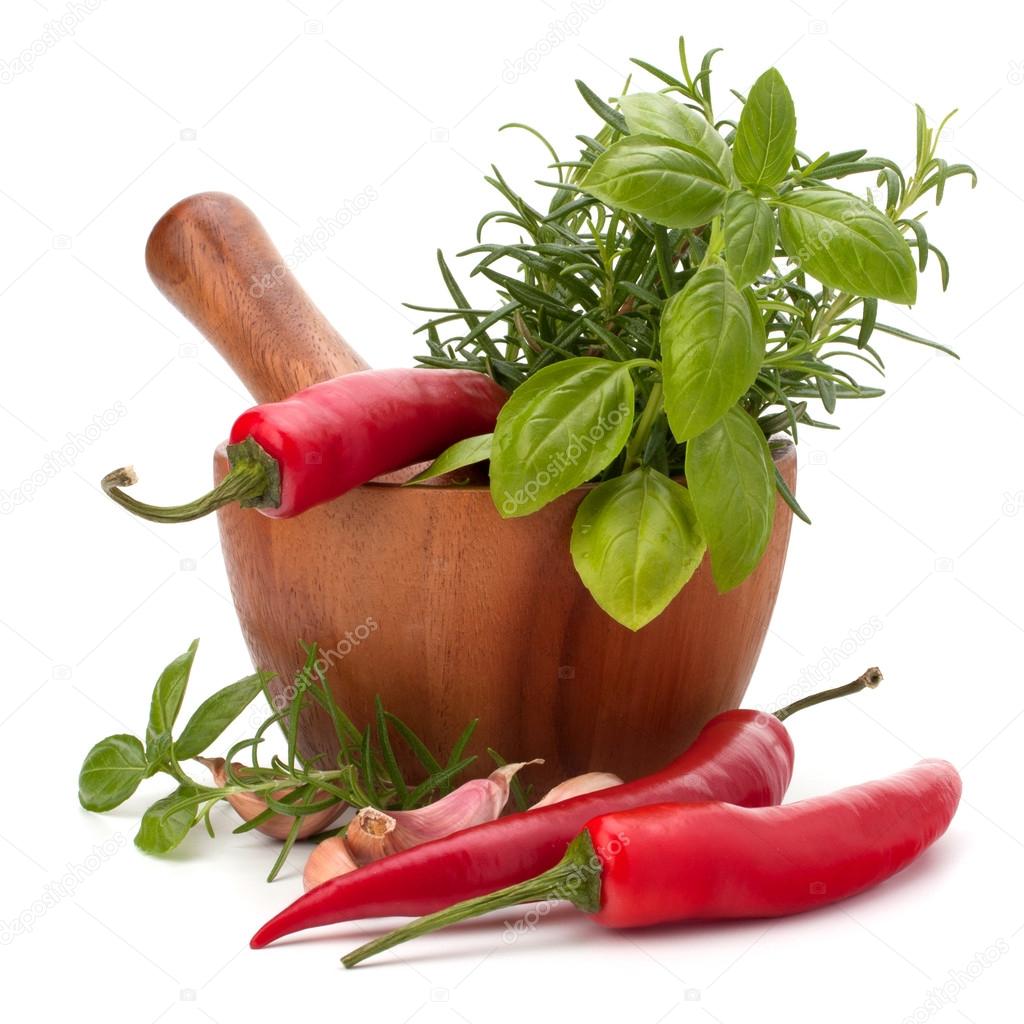 fresh flavoring herbs and spices in wooden mortar