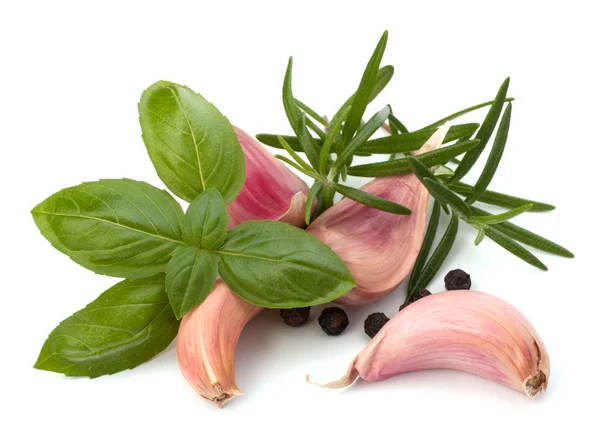 Diente de ajo, albahaca y hoja de romero — Foto de Stock