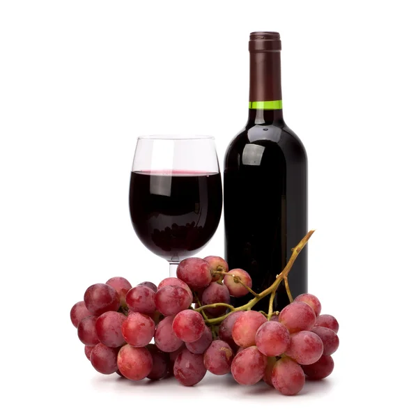 Full red wine glass goblet, bottle and grapes — Stock Photo, Image