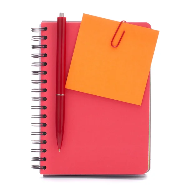 Red notebook with notice paper and pen — Stock Photo, Image
