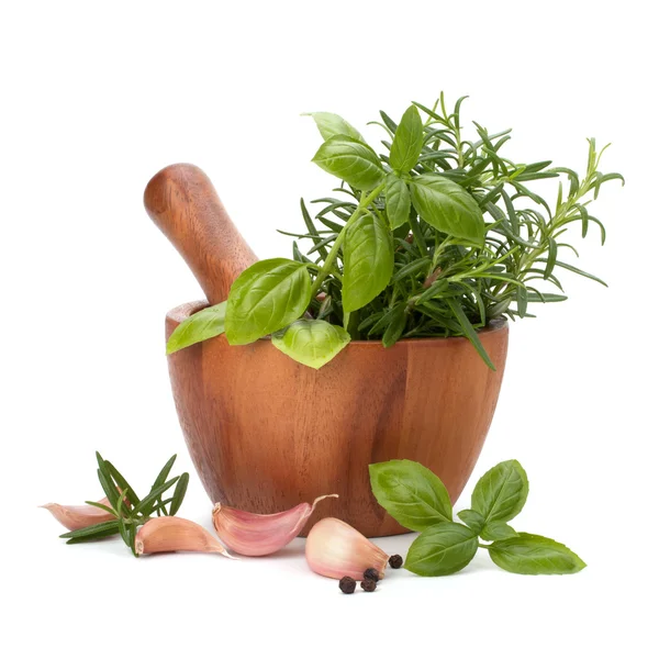 Fresh flavoring herbs and spices in wooden mortar — Stock Photo, Image