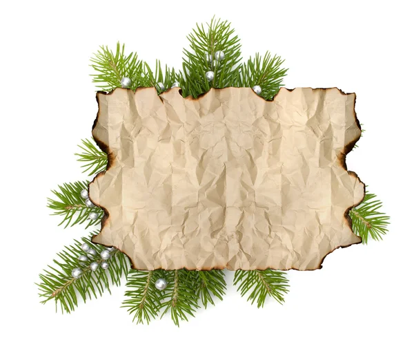 Oude Perkamentpapier met kopie ruimte op christmas tree branch bac — Stockfoto